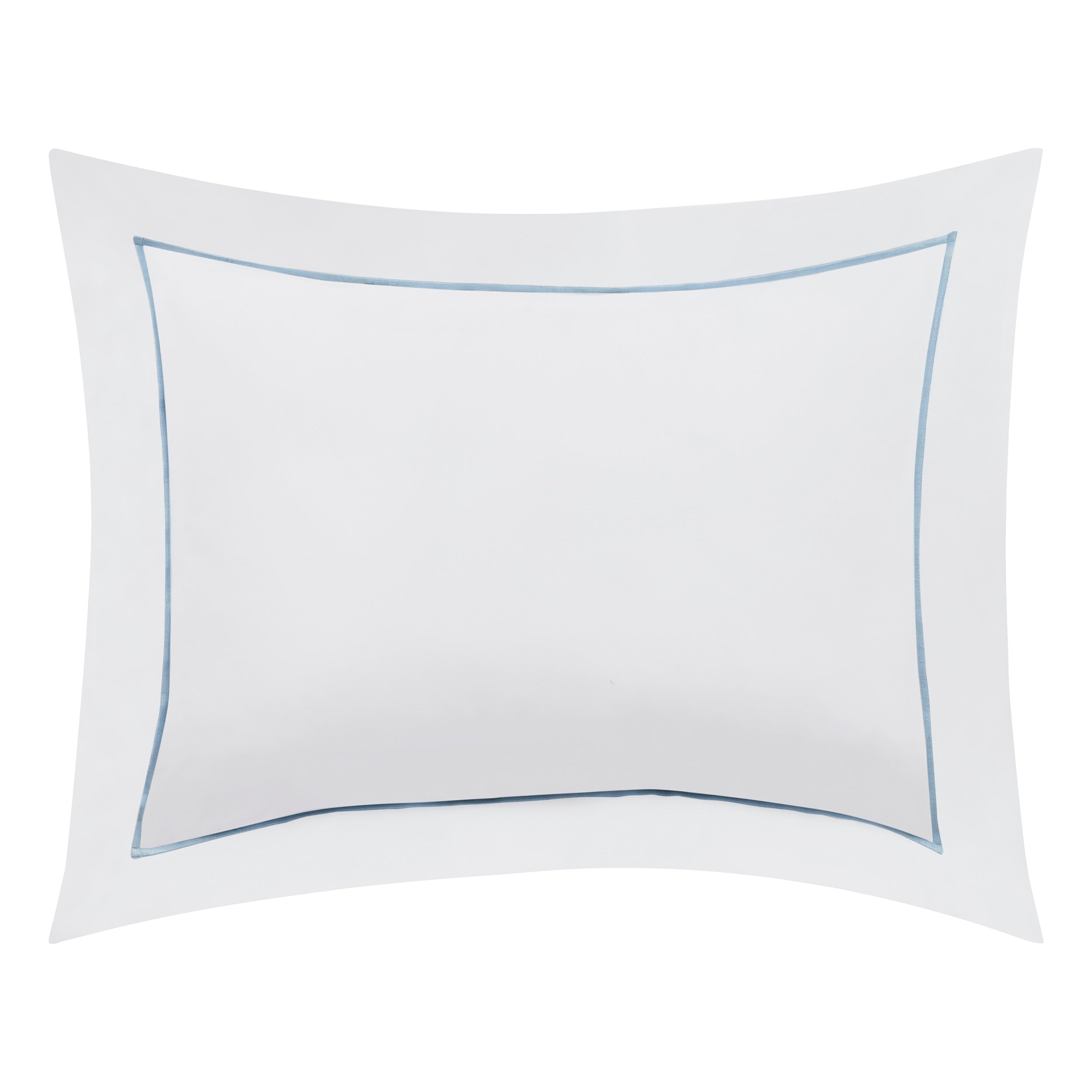 BS-055-1216_1|Elegant white duvet cover pillow sham with a sophisticated light blue piped trim, adding a refined touch to bedroom decor.
