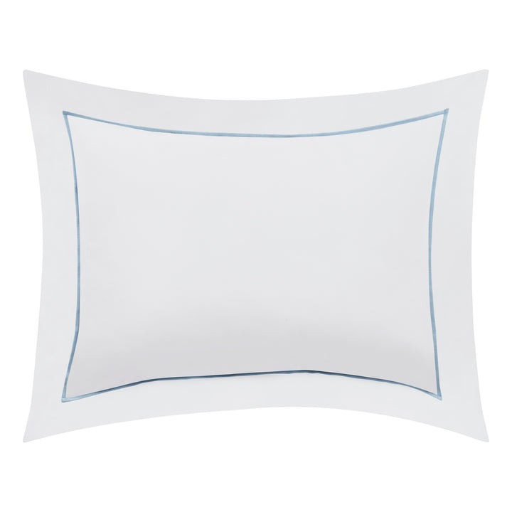 BS-055-1216_1|Elegant white duvet cover pillow sham with a sophisticated light blue piped trim, adding a refined touch to bedroom decor.