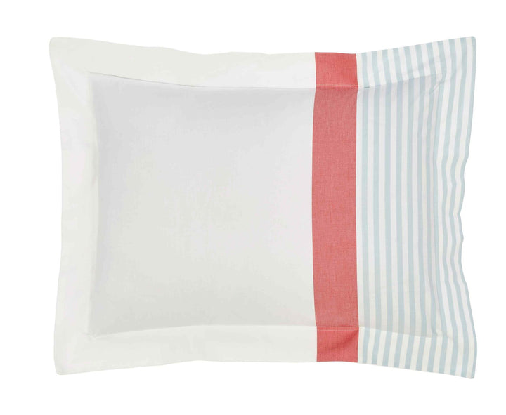SS-001B-2026_1|White pillow sham with bold red and light blue vertical stripes, a vibrant and crisp accent for stylish bedding.