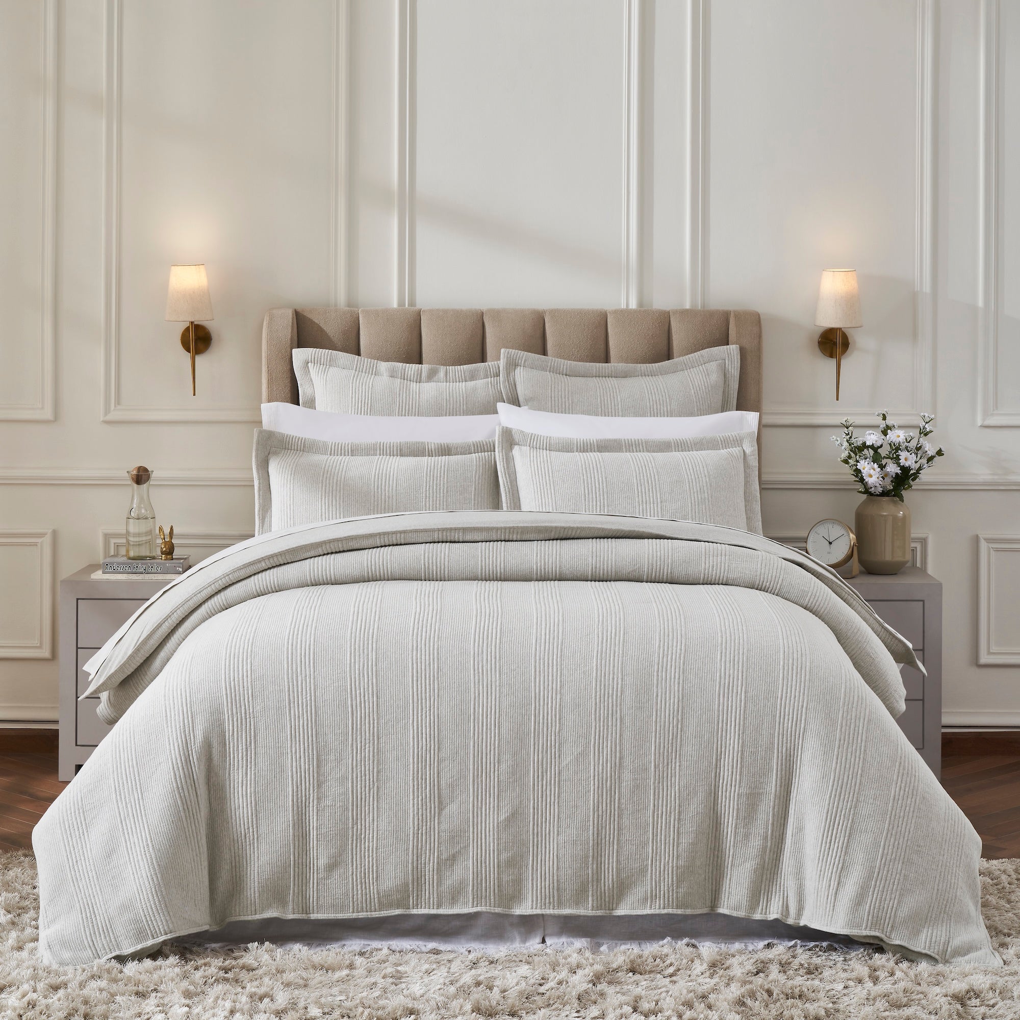 DT-044-10692_1|Serene light grey textured duvet cover set, vertically ribbed, complete with pillows for a modern, inviting bedroom.
