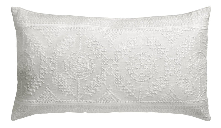 DP-1349-X_1|White lumbar pillow with intricate white-on-white embroidered floral and geometric patterns. Elegant accent pillow.