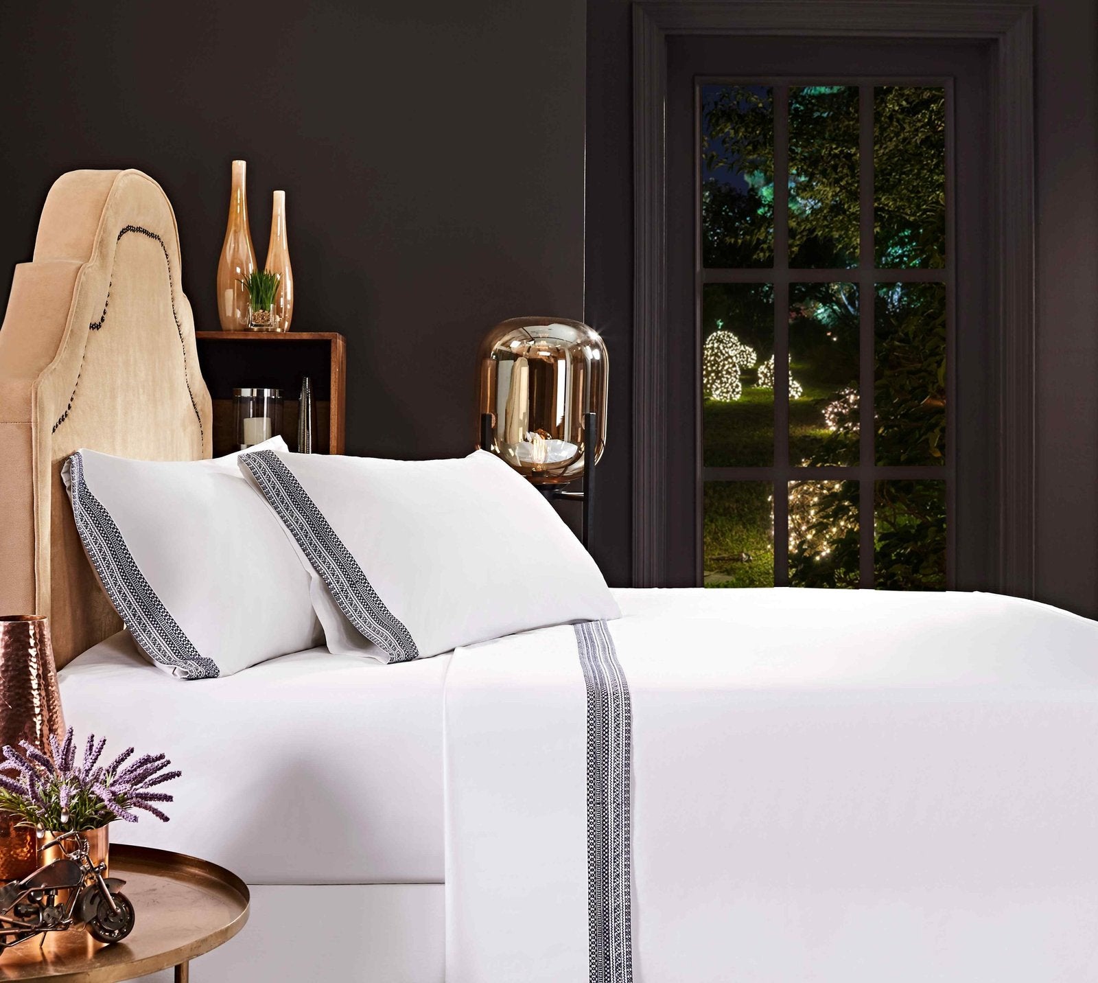CSS-503-7284_4|Luxury white 100% cotton sheet set with elegant dark blue geometric embroidered trim, perfect for premium bedroom comfort.