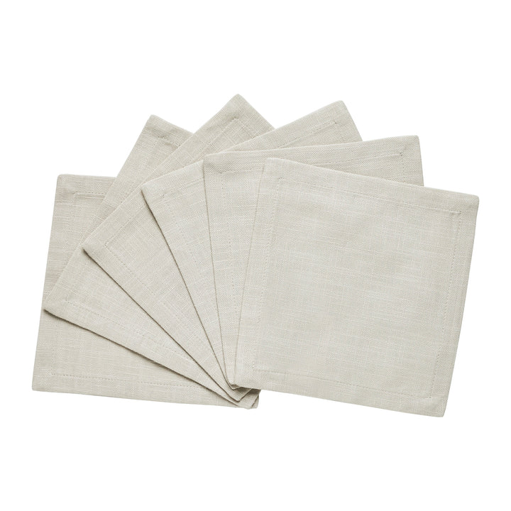 CNP-4912-66_2|Set of fan-folded natural beige linen dinner napkins, perfect for elegant and reusable neutral table settings.