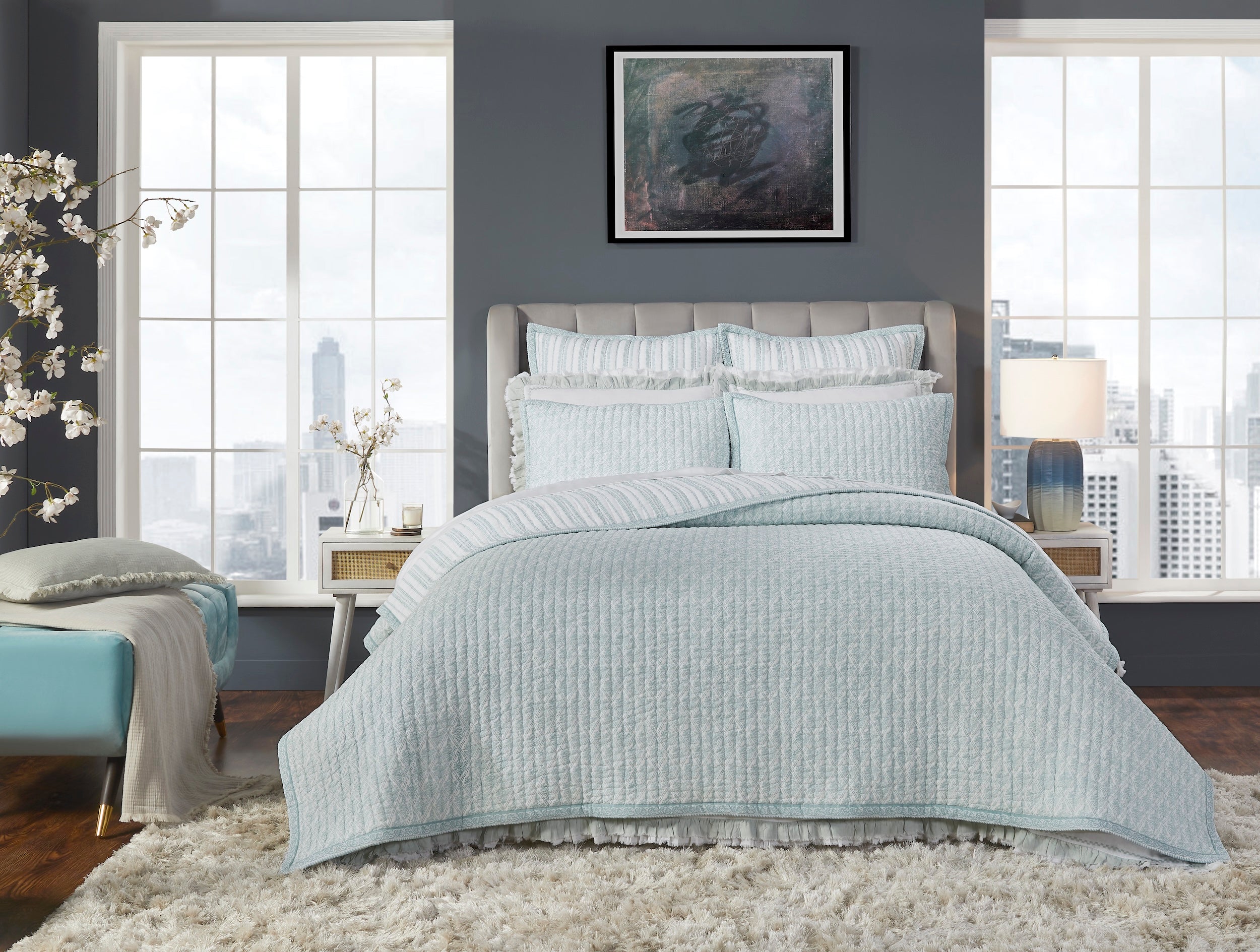 QT-347-9496_1|Light blue quilted bedspread with delicate diamond pattern, soft and cozy, perfect for a modern bedroom. Stylish bedding set.