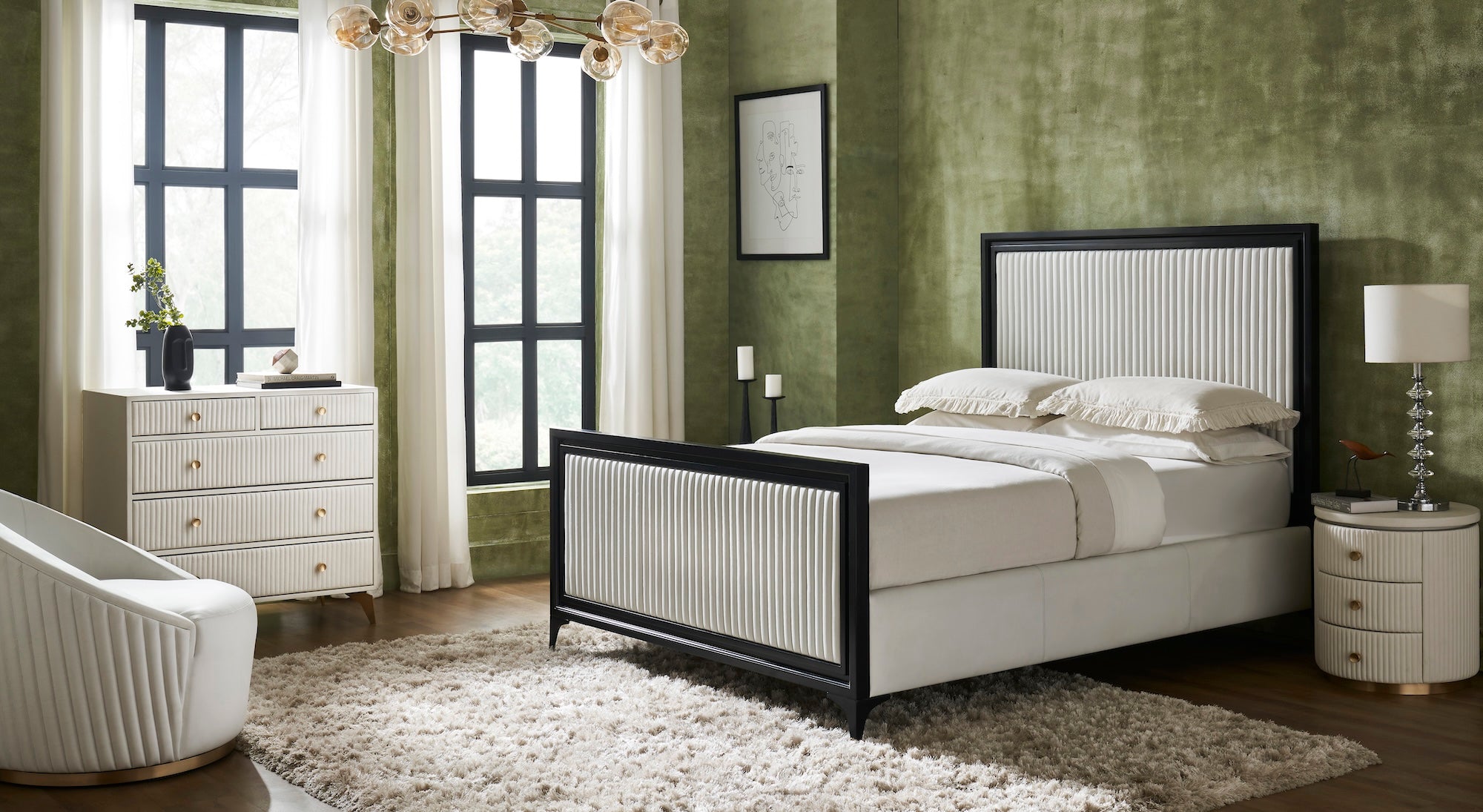 FN-5212-202022_7|Full luxury bedroom set featuring white fluted leather bed, nightstand, and dresser. Premium leather furniture.