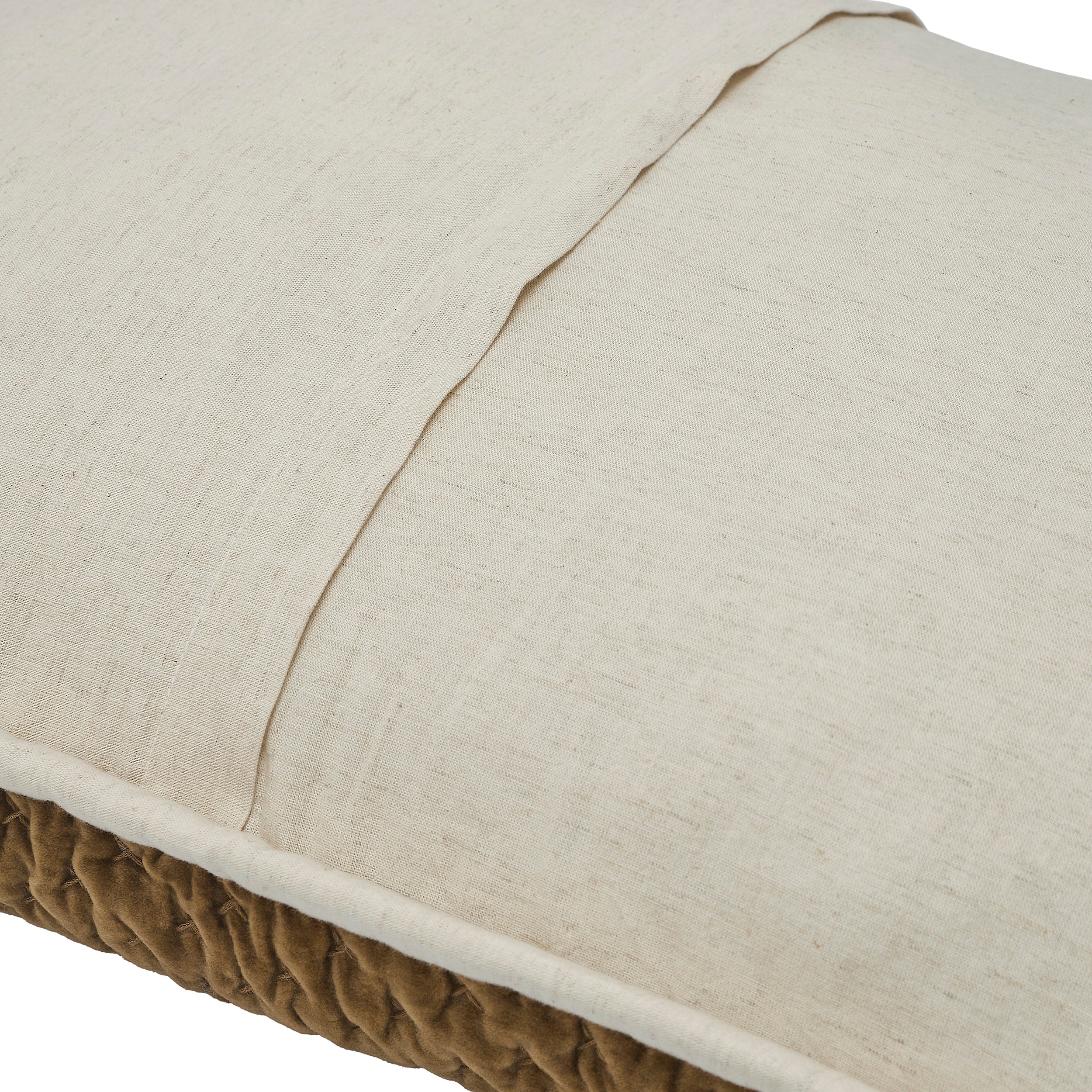 DE-378-3137_2|Close-up of a luxurious brown velvet quilt with a diamond quilted pattern, revealing its soft beige linen reverse side.