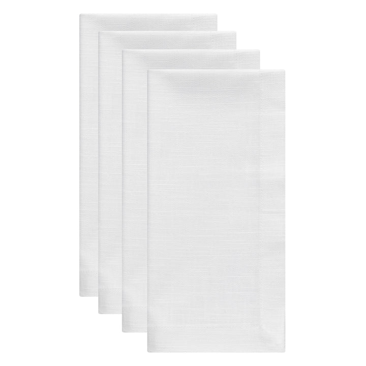 NP-4809-2020_2|Set of four crisp white linen-look fabric dinner napkins, neatly folded, ideal for elegant table settings.