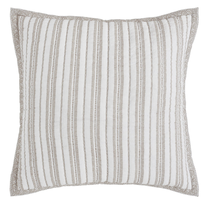 ES-348-2626_1|Beige striped quilted pillow with elegant patterned border, warm and inviting bedroom accent for cozy sleep.