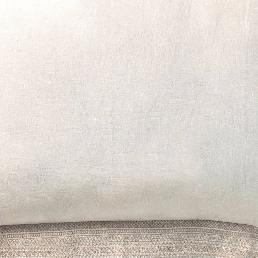 SWT-009-7.8_1|Plain ivory pillow with a decorative patterned trim. Minimalist bedding accessory for elegant, modern home decor.