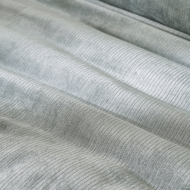 DT-054-9092_6|Soft light grey velvet corduroy textured duvet cover fabric, showing luxurious folds and detailed vertical stripes.