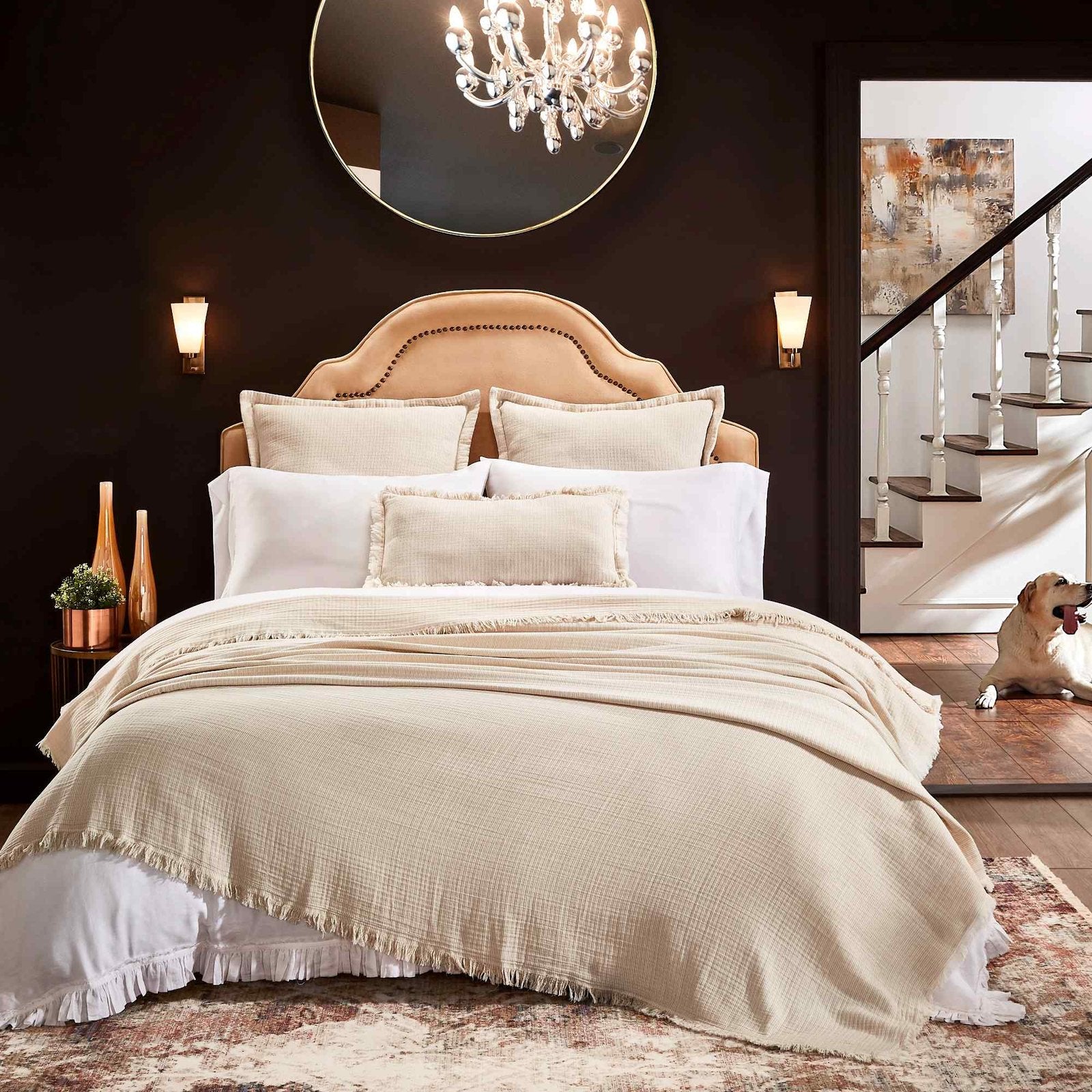 BT-114-11096_1|Elegant bedroom with beige quilted bedspread, matching pillows, and a comfy throw. Luxurious and cozy bedding ensemble.