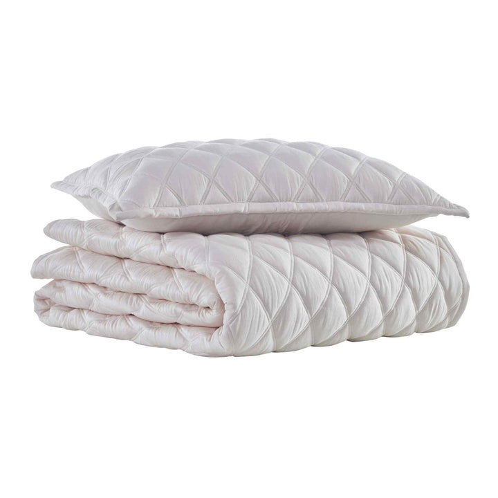 CL-180-9496_5|Folded cream diamond-quilted coverlet set with matching pillow, ready for elegant bedroom styling or cozy comfort.