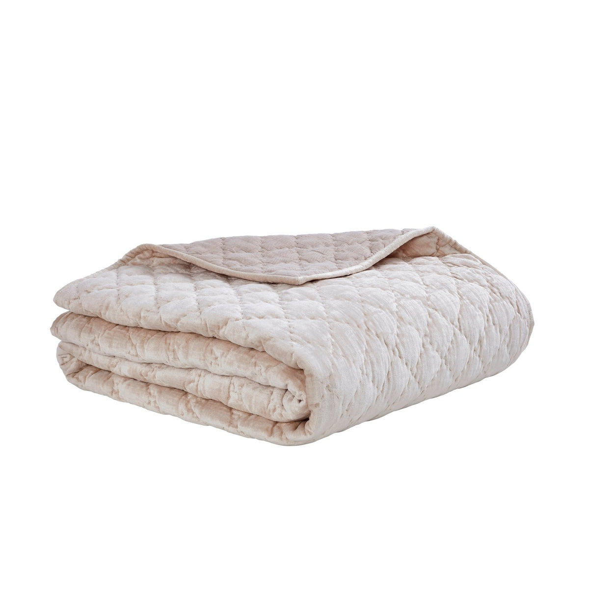 QT-342-11096_3|Plush blush pink quilt with a charming diamond texture, folded, providing cozy warmth and a chic look for bed.