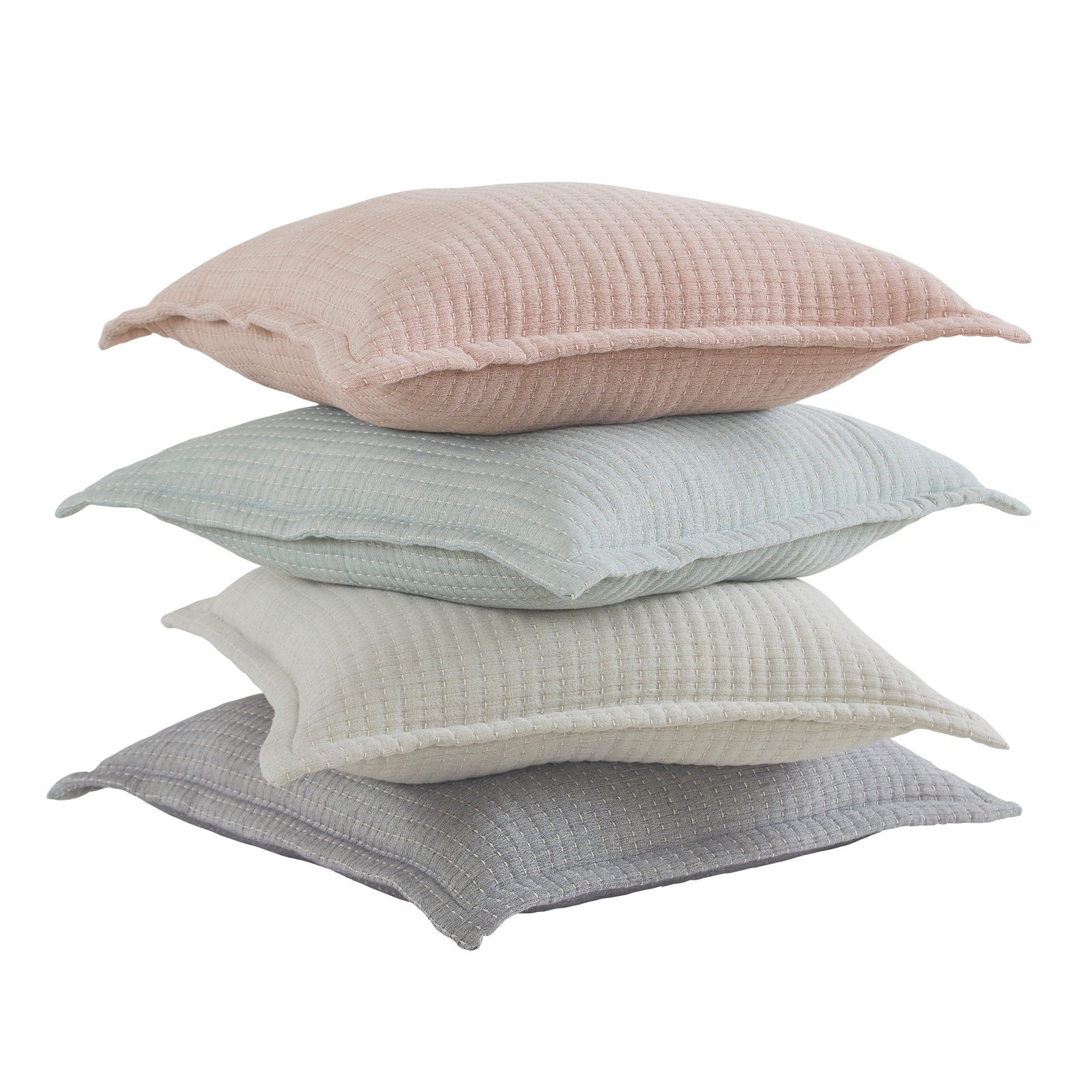 ES-105-X_1|Stack of four textured throw pillows in varying soft colors, including pink, blue, beige, and light grey options.