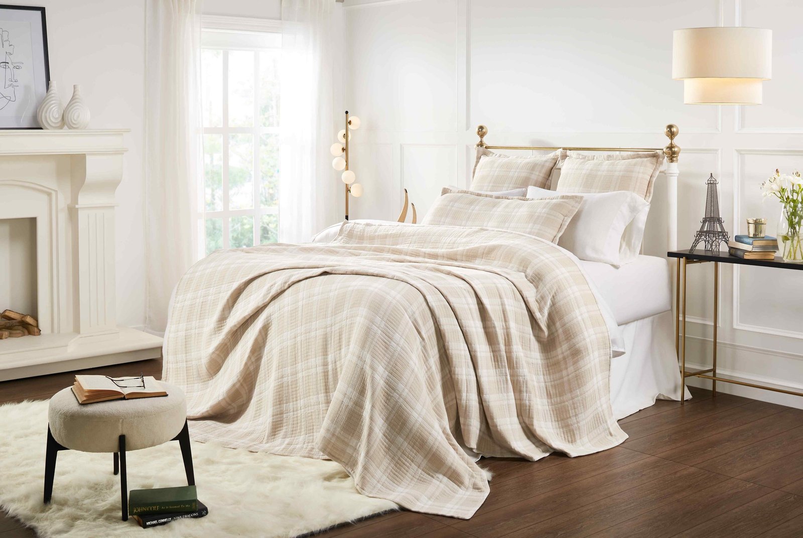 BT-118-9496_5|Soft beige and white plaid patterned cotton quilt blanket draped elegantly over a bed, offering warmth and classic style.