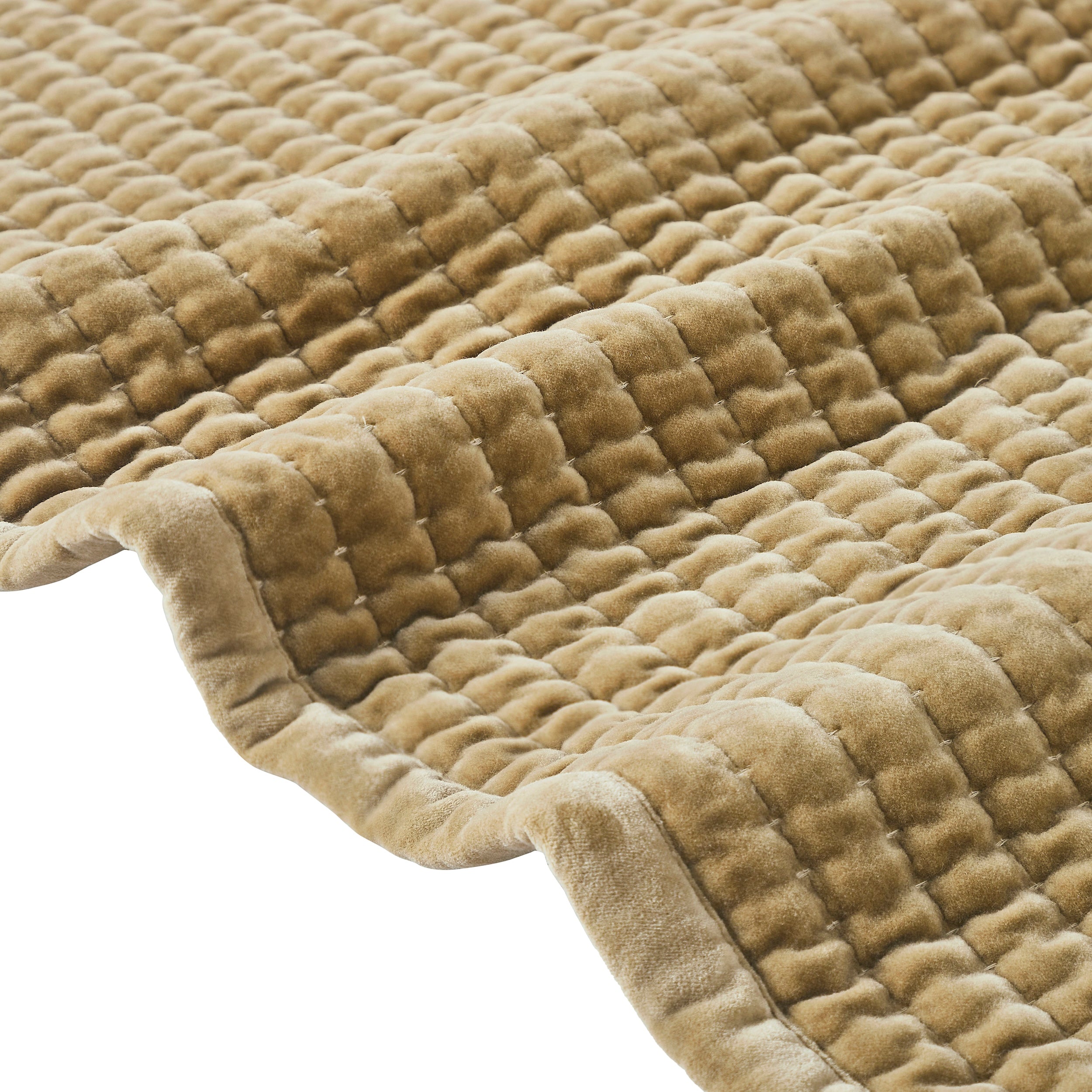 CL-267-9496_9|Plush beige velvet coverlet with distinctive channel quilting, showcasing its soft texture and elegant folds for cozy comfort.