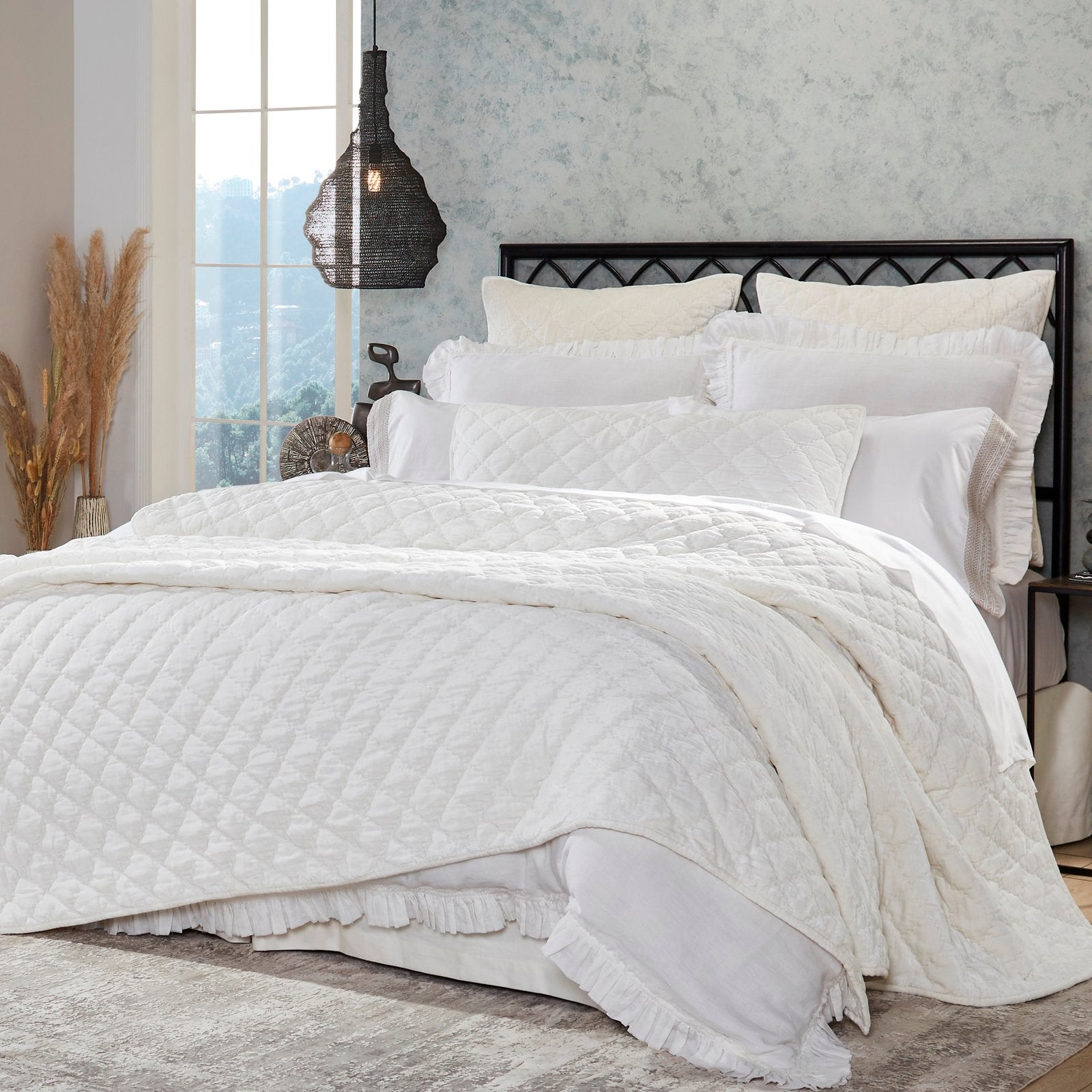 QT-343-DUP-X_1|Luxurious white quilt and matching shams with a classic diamond quilted pattern, perfect for a serene bedroom decor. Comfortable.