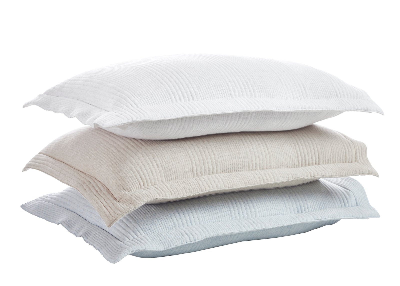 SS-039-X_1|Stacked set of three plush crinkled pillow shams in white, beige, and light blue, offering soft, inviting bedding layers.