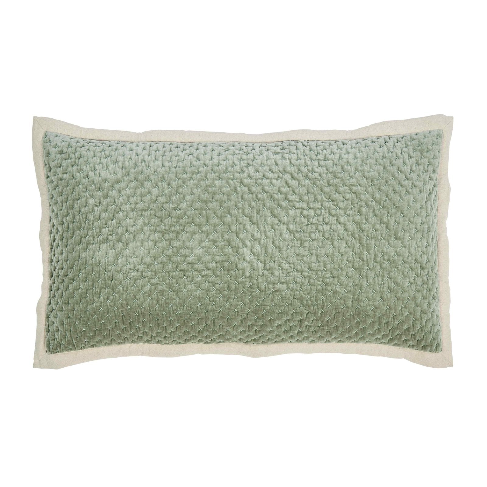 KS-328-2036_1|Soft sage green velvet lumbar pillow featuring a delicate quilted texture and a cream linen border. Ideal for beds and sofas.