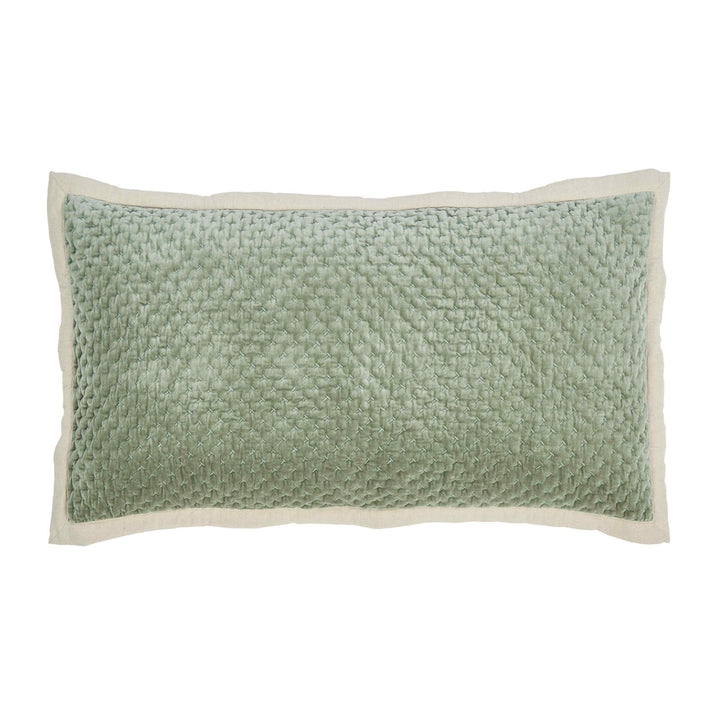 KS-328-2036_1|Soft sage green velvet lumbar pillow featuring a delicate quilted texture and a cream linen border. Ideal for beds and sofas.