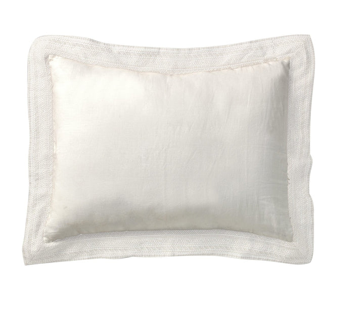 SS-015-2026_1|Elegant white duvet cover sham with delicate embroidered border, premium linen look, luxurious bedroom textile.