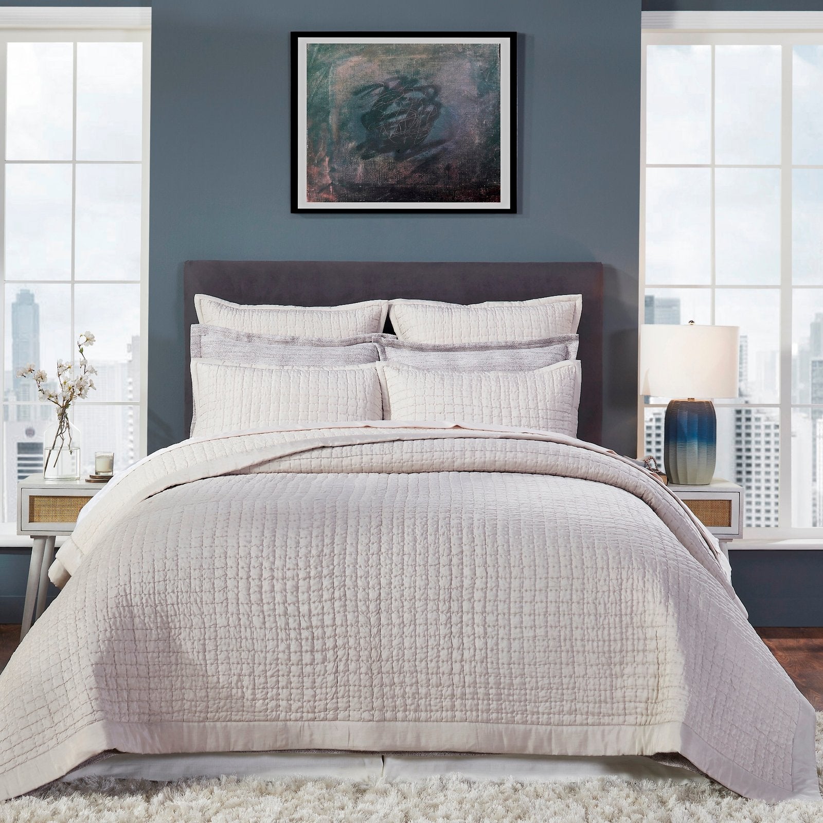 CL-178-11096_1|Cozy beige grid quilted coverlet adds warmth and modern style to a serene bedroom, offering soft, inviting comfort.