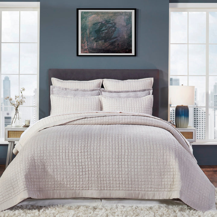 CL-178-11096_1|Cozy beige grid quilted coverlet adds warmth and modern style to a serene bedroom, offering soft, inviting comfort.