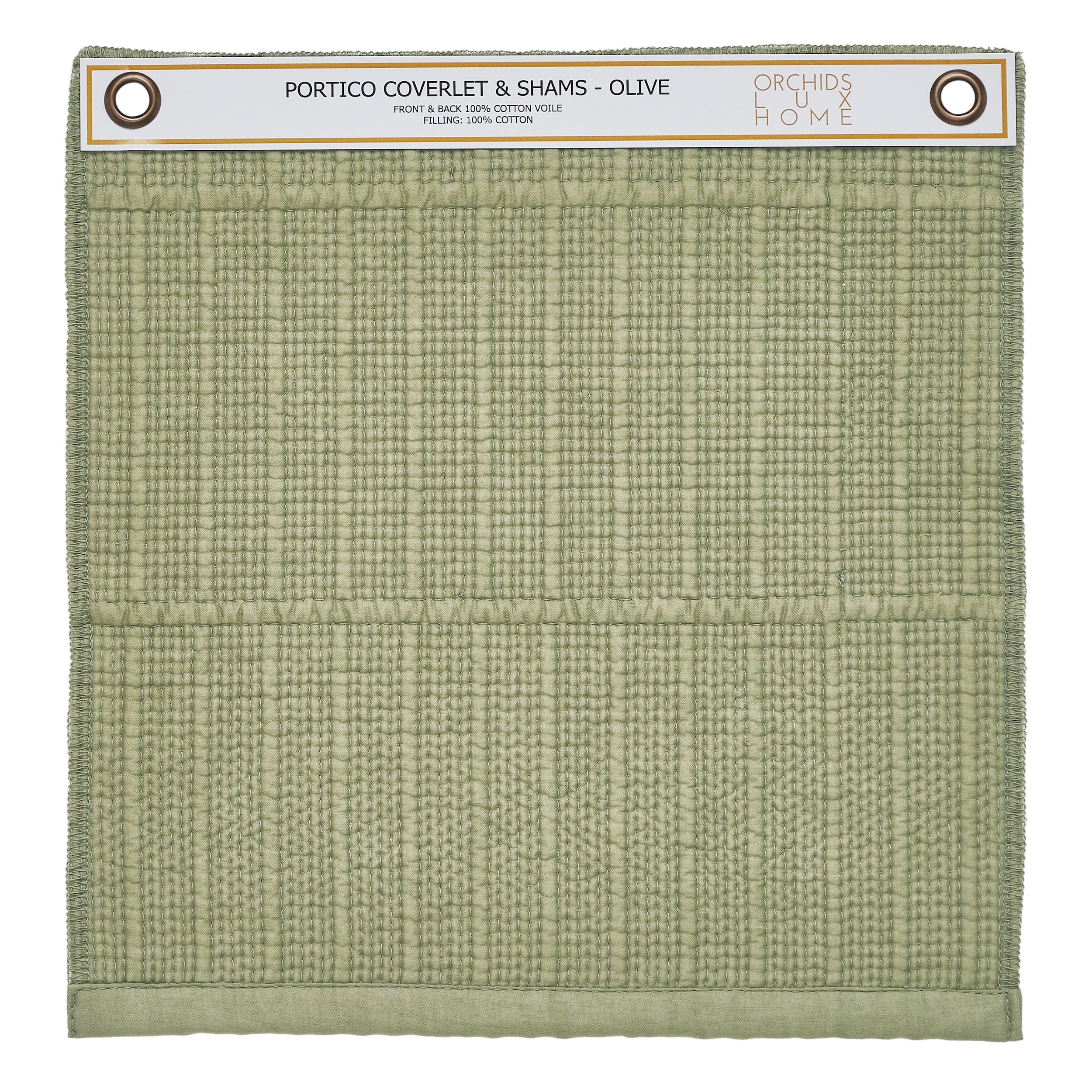 SWT-270-1010_1|Olive green textured cotton voile swatch. Quilted fabric with subtle woven pattern, perfect for cozy bedroom decor.