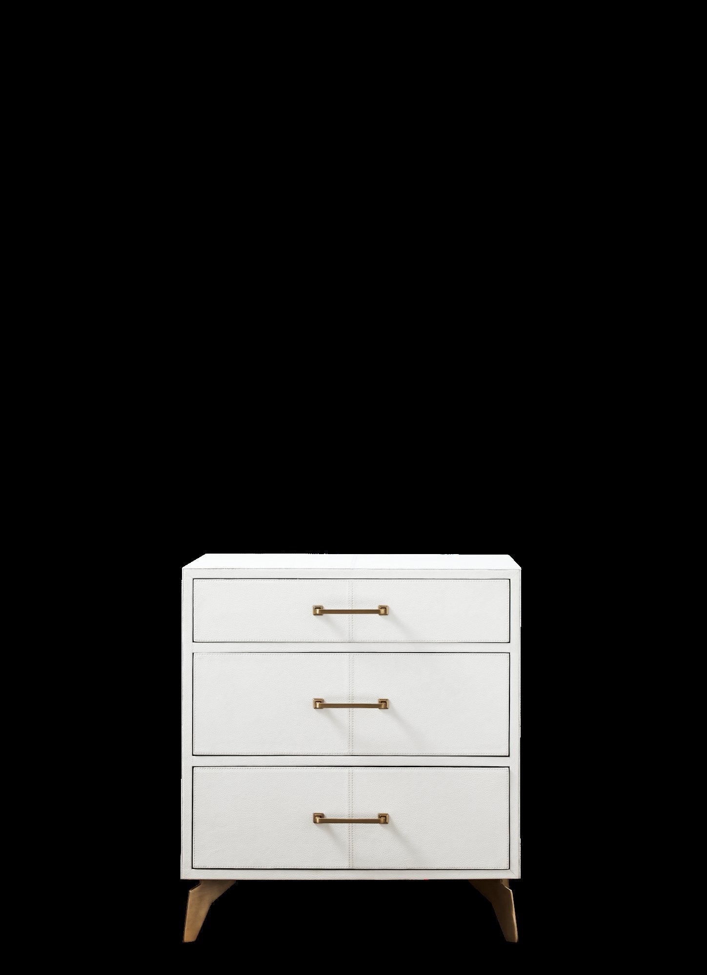 FN-5201-262028_7|Freestanding white shagreen nightstand with three drawers and distinctive gold hardware. Elegant bedroom piece.
