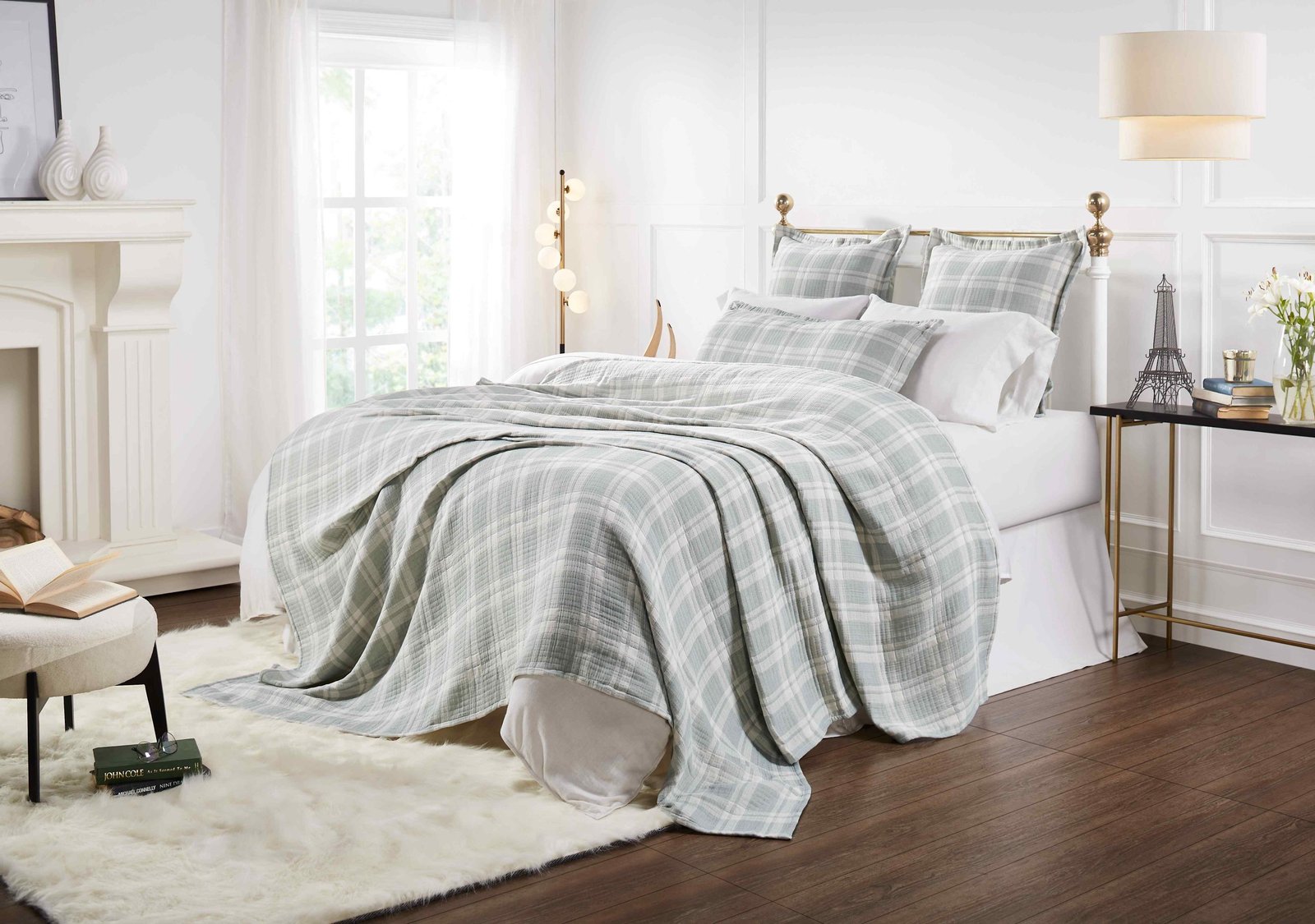 BT-119-11096_5|Stylish bedroom featuring a soft sage green and white plaid blanket draped over a bed, creating a tranquil sleeping space.