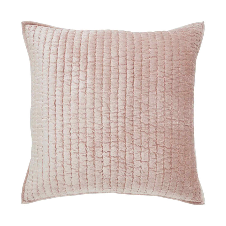 ES-354-2626_1|Sumptuous pink velvet quilted pillow featuring horizontal stitch lines, adding a soft, elegant texture to bedding.