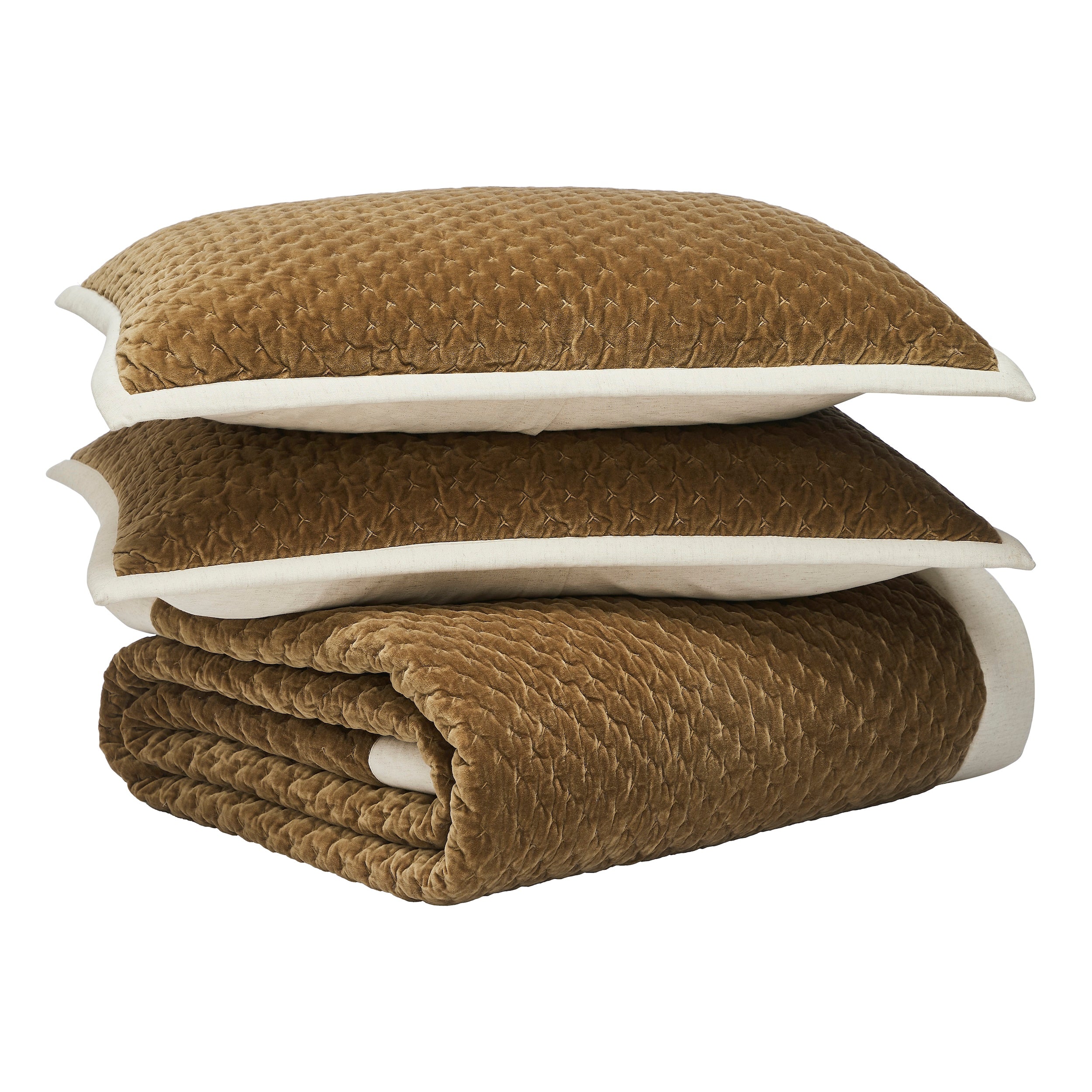 KS-378-2036_3|Coordinated luxurious brown velvet quilted set, featuring two decorative pillows and a folded quilt for elegant bedroom styling.