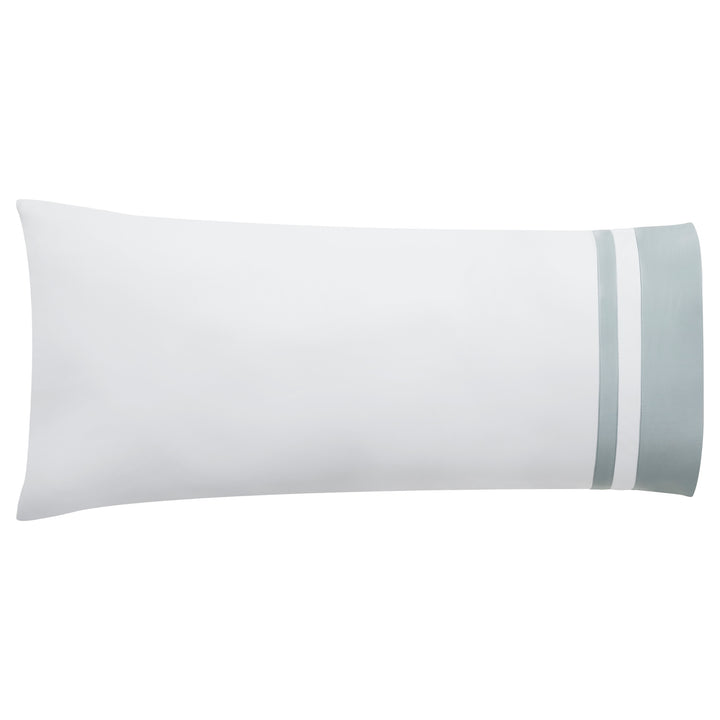 AKP-541-2040_3|Single white 100% cotton sateen pillowcase, standard size, with a wide light blue solid and white striped border.