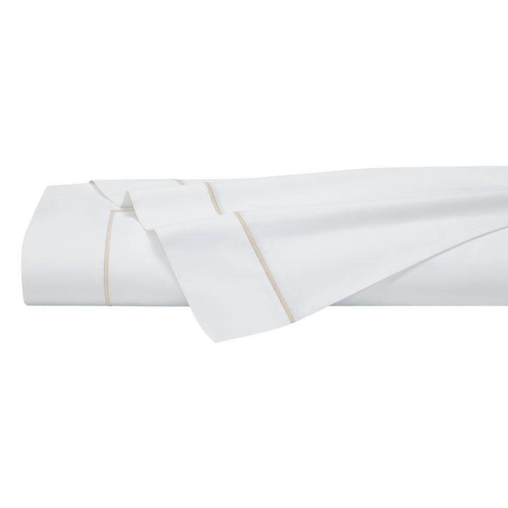 KFL-531-7880_5|Luxurious folded white 100% cotton sheets with elegant gold trim, emphasizing premium comfort and bedding quality.