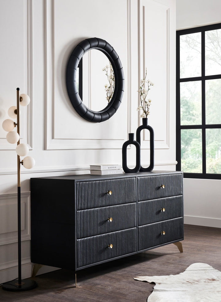 FN-5202-642033_2|Chic black modern dresser with unique fluted texture, gold hardware, perfect for contemporary bedroom storage.