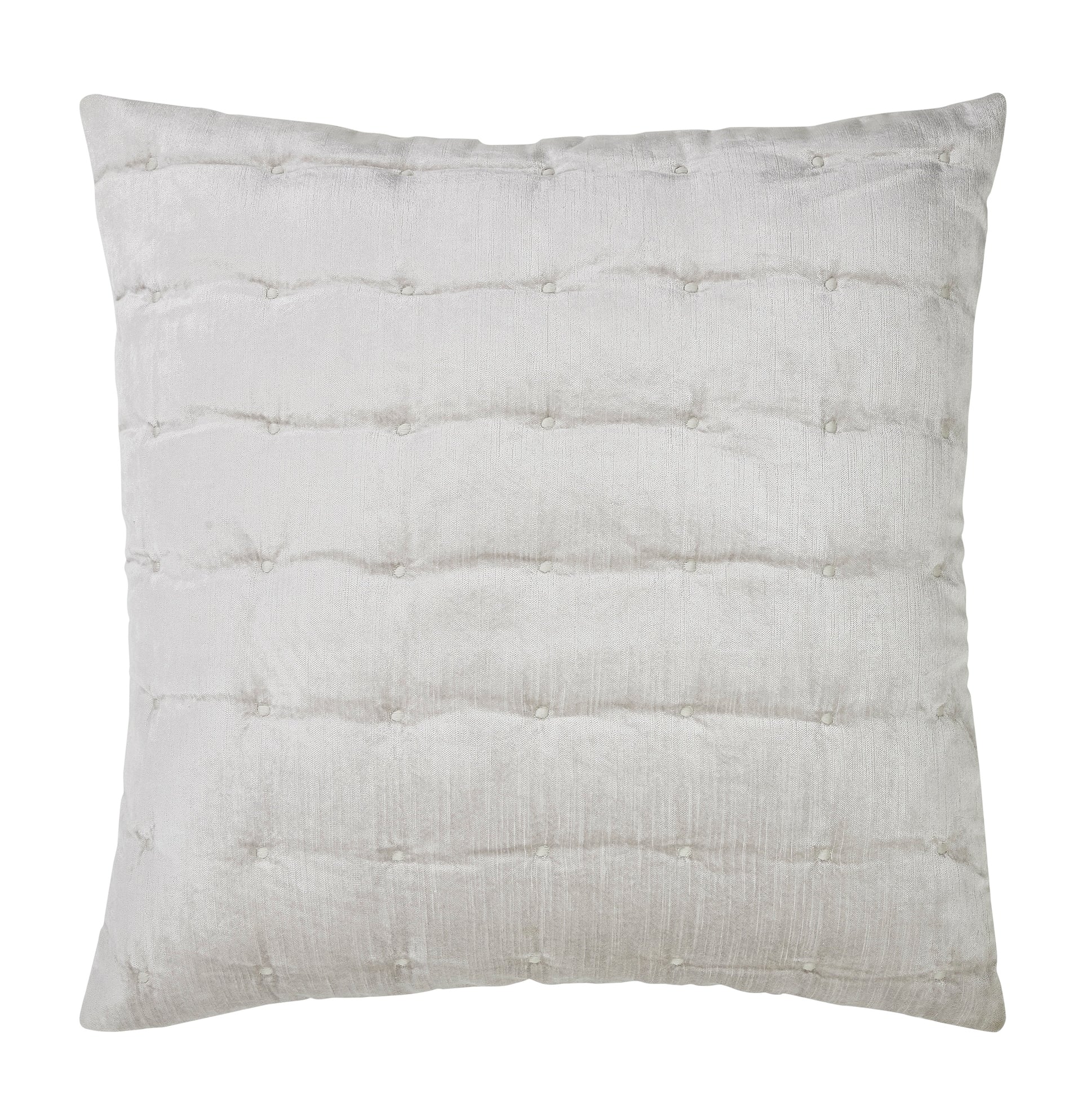 ES-306-X_2|Square light grey velvet quilted pillow sham, featuring wide horizontal channels with small, evenly spaced tufted accents.