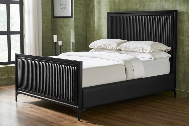 FN-5210-7680_1|Black channel tufted leather bed with black wooden frame, elegant bedroom furniture for modern luxury spaces.