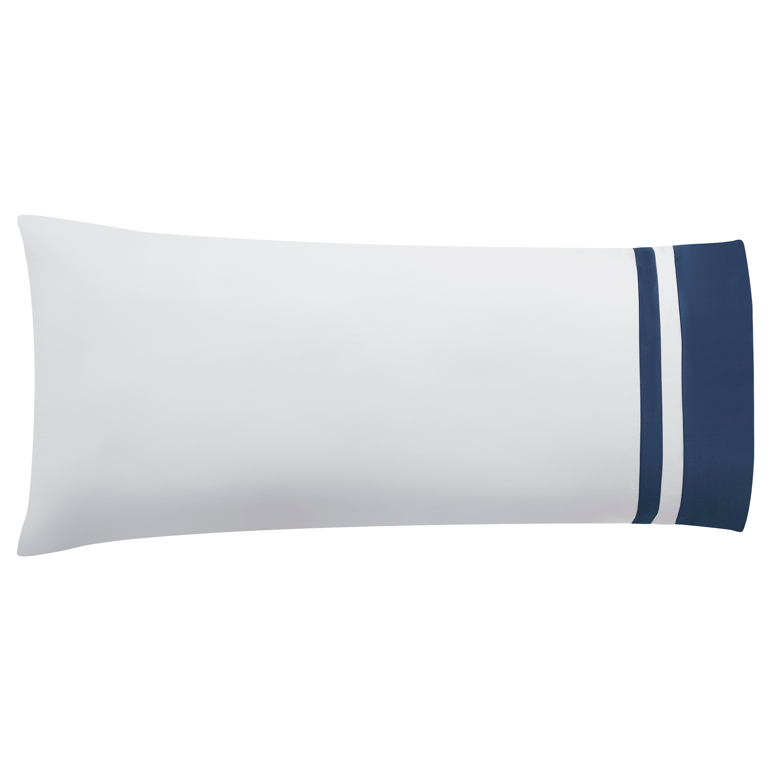 AKP-548-2040_3|Single white 100% cotton pillowcase featuring a crisp navy blue double stripe border. Smooth sateen weave visible.