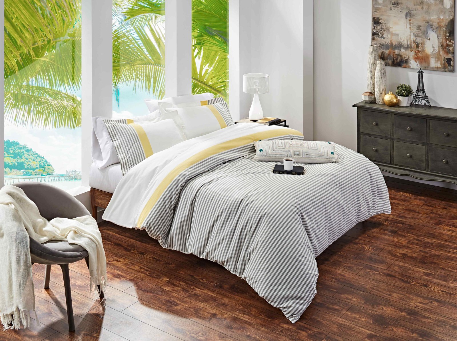 DT-001A-9092_4|Coastal bedroom featuring a stylish grey and white striped duvet cover set with yellow accents. Ideal for a tropical oasis.