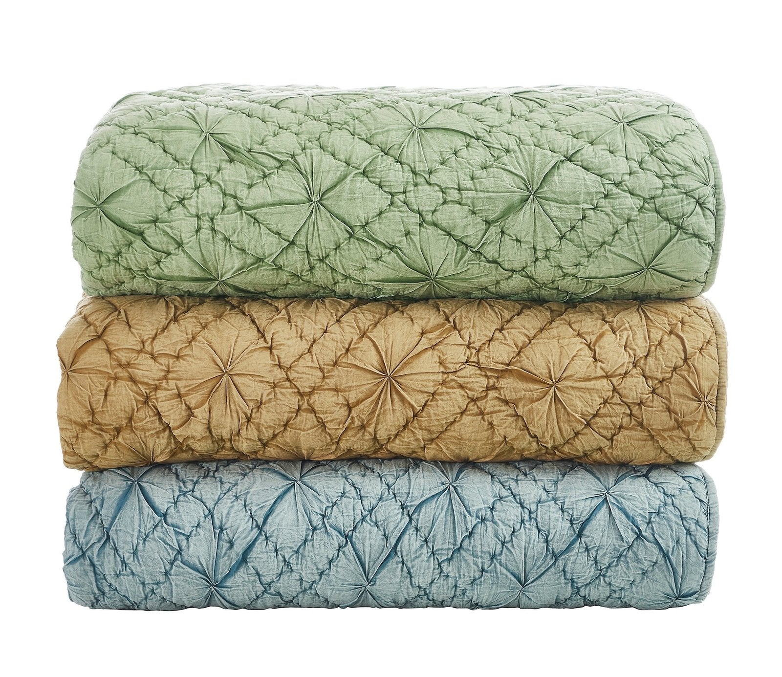 QT-364-X_2|Stacked green, gold, and blue luxurious quilted cotton coverlets with intricate pin-tuck details, perfect for bedding.