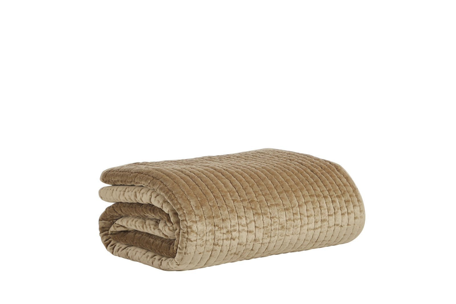 QT-362-9496_7|Neatly rolled gold velvet quilt, showcasing its plush textured design and rich color, ideal for luxurious bedroom comfort.