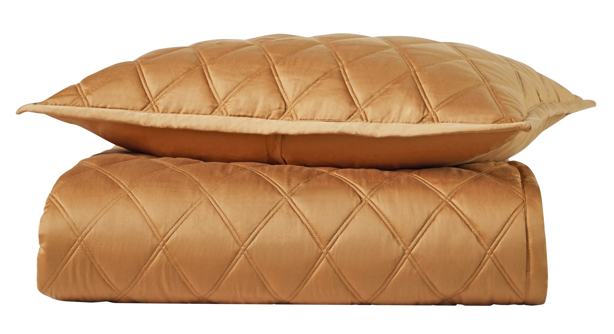 CL-260-9496_9|Rolled golden bronze quilted coverlet paired with matching pillow, showcasing a soft diamond pattern for luxurious comfort.