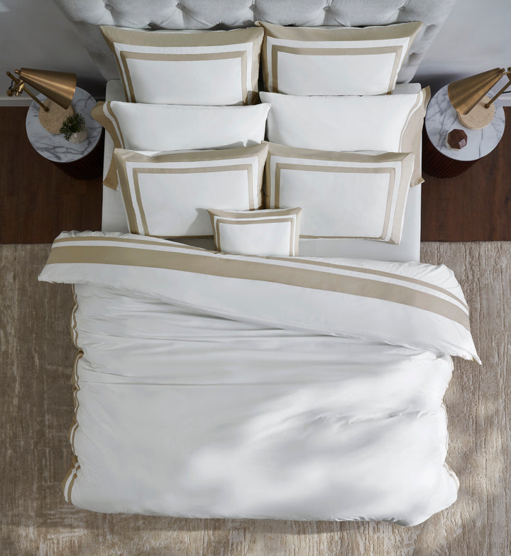 DT-066-10692_3|White duvet cover with chic double beige border, perfectly styled on a bed. Modern luxury bedding set for comfort.
