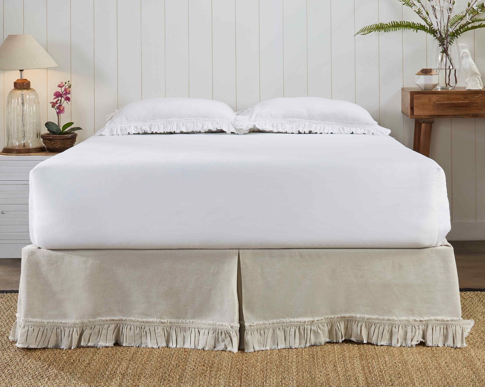 BS-104-6080_2|Neutral beige linen panel bed skirt with frayed ruffle detail. Conceals mattress base for a clean, stylish look.