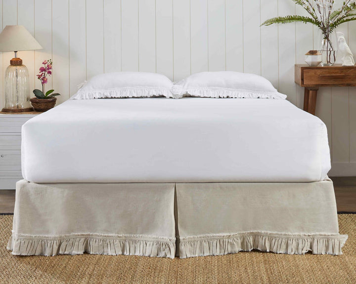 BS-104-6080_2|Neutral beige linen panel bed skirt with frayed ruffle detail. Conceals mattress base for a clean, stylish look.