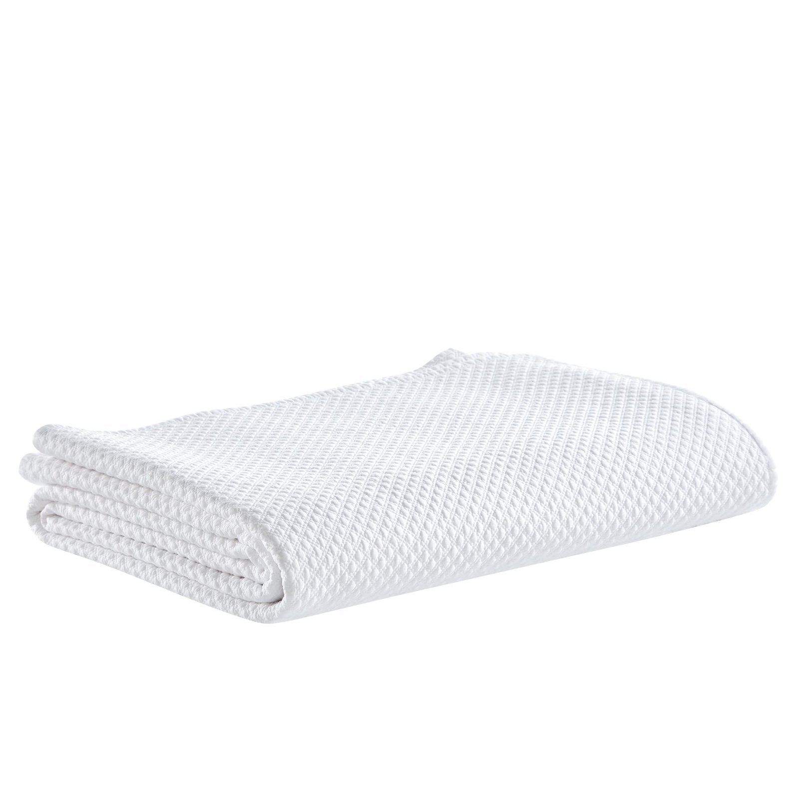 CL-200-11096_5|Neatly folded white textured coverlet showcasing its subtle diamond pattern. A versatile and crisp bed linen essential.