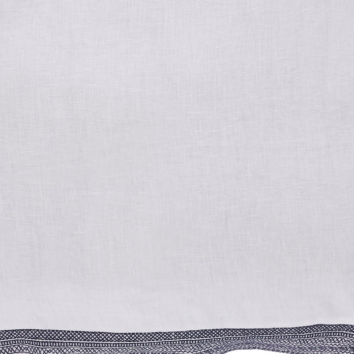 SWT-016-7.8_1|Elegant white linen pillow fabric with a distinctive black geometric embroidered border, adding sophistication to home decor.