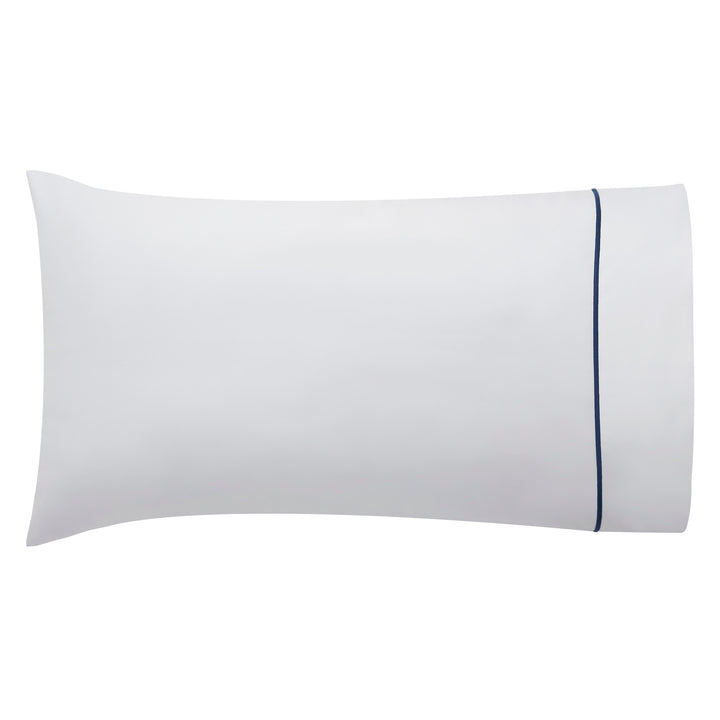 ASP-549-2032_1|Elegant white 100% cotton pillowcase featuring a delicate navy blue stripe. Soft, crisp, and comfortable luxury bed linen.