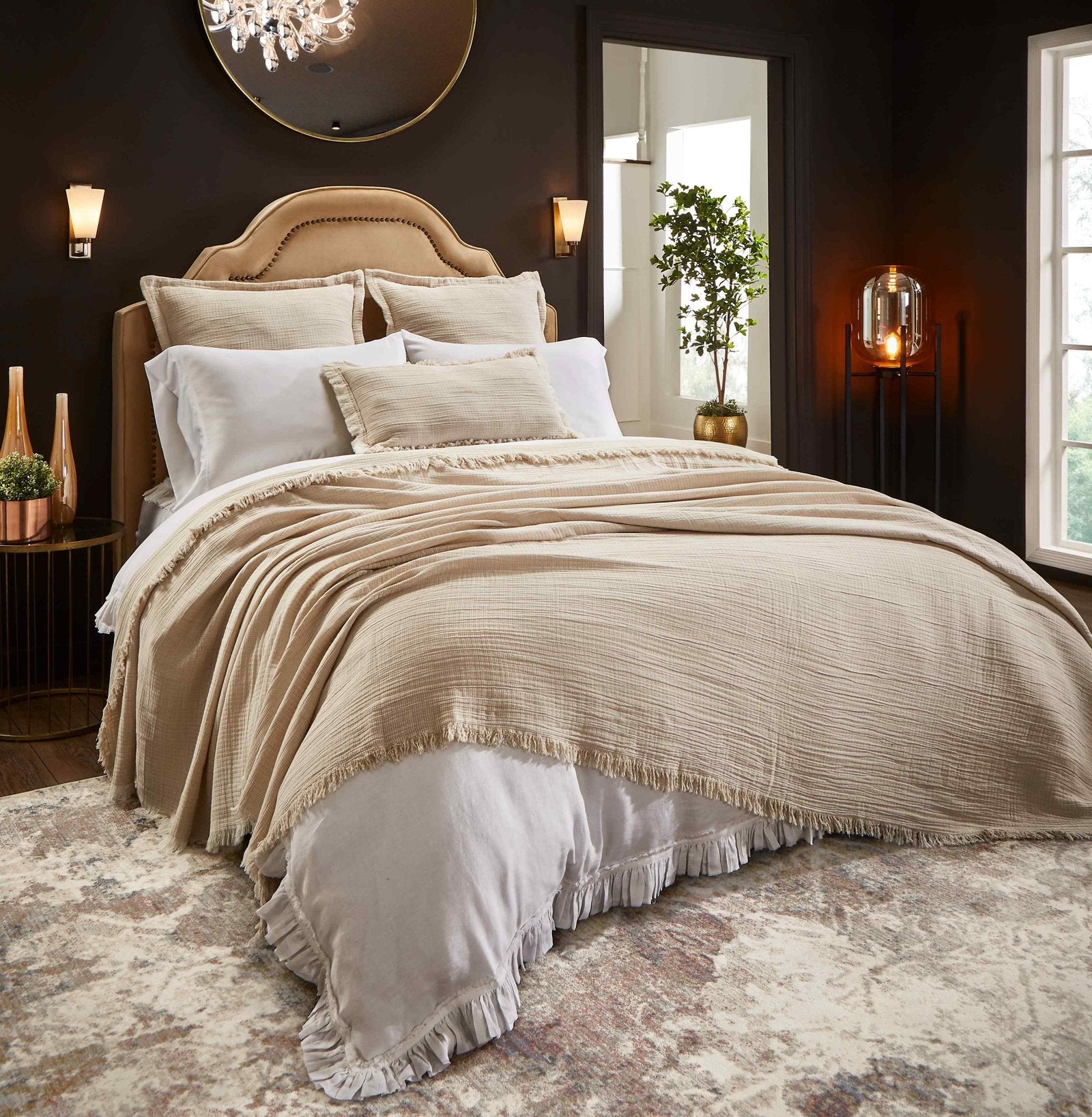 BT-115-11096_4|Elegant beige complete bedding set, featuring a textured duvet cover with fringe, soft shams, creating a warm and inviting bedroom.
