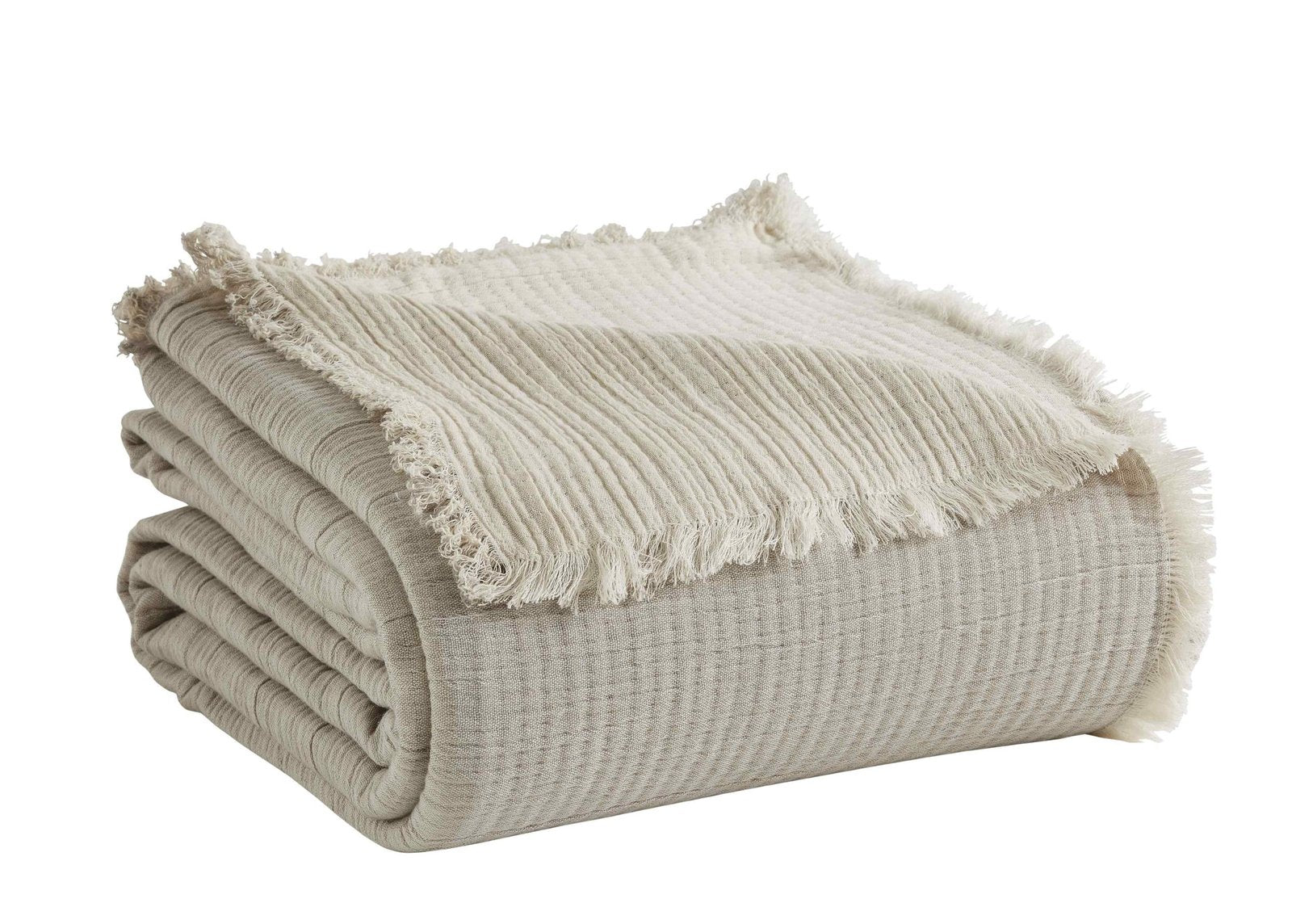 BT-102-11096_2|Folded light grey textured blanket with stylish fringe, offering cozy warmth and a sophisticated neutral accent for home.